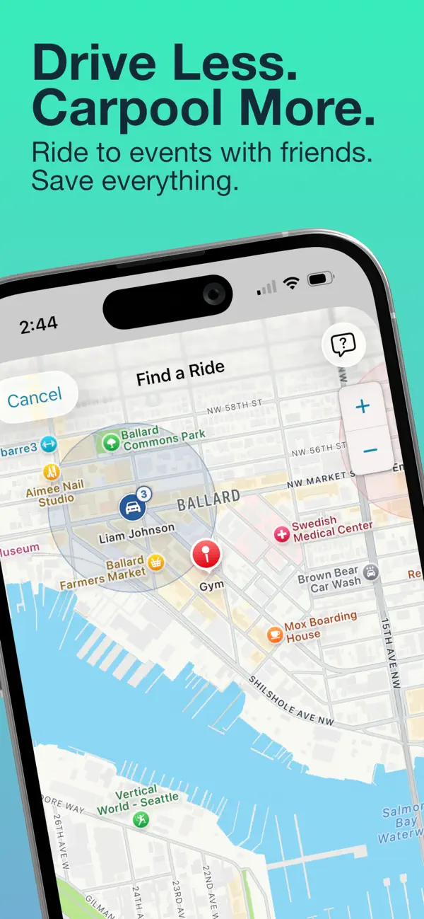 Find a Ride map showing available drivers and riders around an event destination