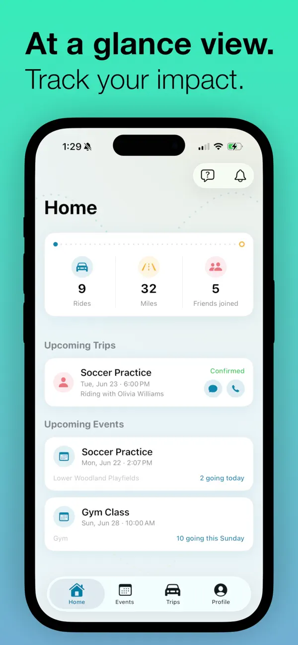 Home screen with ride stats, an upcoming confirmed trip, and upcoming events