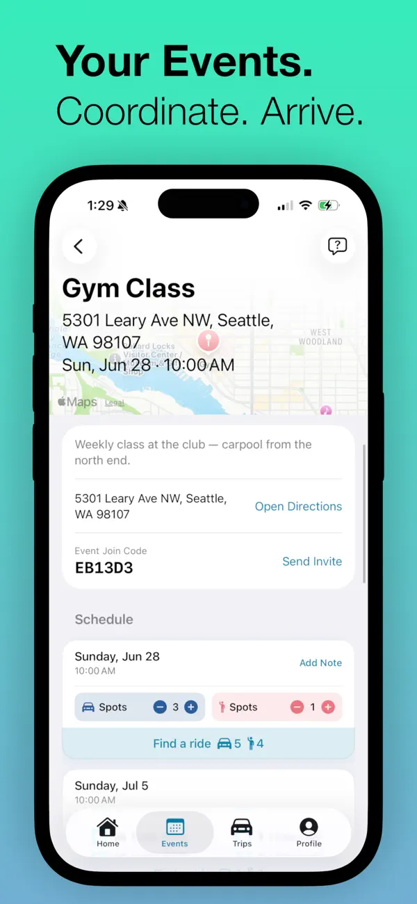 Event page with the schedule, a join code, and driver and rider spots per date